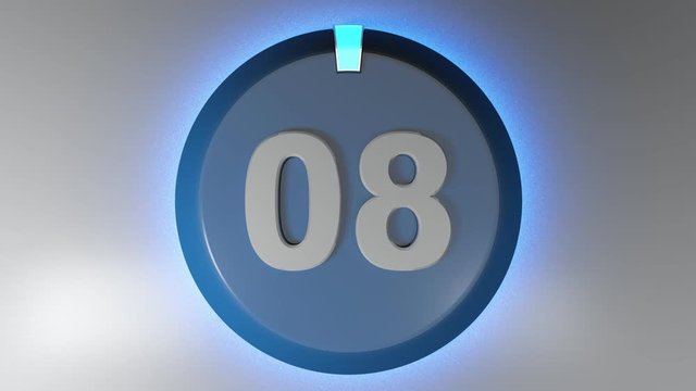 The number 08 on a circle badge with a lighted rotating cursor - 3D rendering video clip
