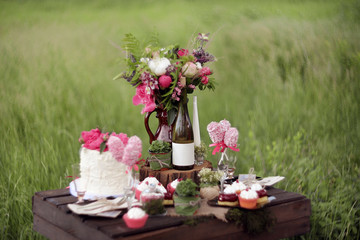 wedding in rustic style decor on nature against a background of green grass