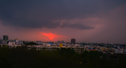 sunset over the city, selective focus on background