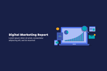 Digital data analysis, marketing kpi metrics, business audit report, digital marketing strategy and sales report displaying on laptop screen. Flat design web marketing banner template for presentation