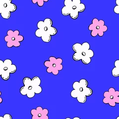 Foto auf Acrylglas Seamless pattern of stylized flowers. Summer print. Cartoon style illustration. Stock Illustration. Design for wallpaper, textile, packaging, fabric. © Helga KOV