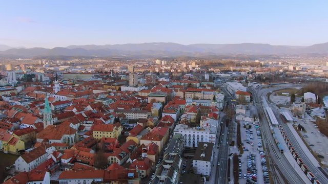 Cityscape of Celje, Slovenia. Beautiful architecture maintained houses. Aerial
