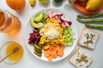 Healthy multivitamin breakfast with vegetables and fruits