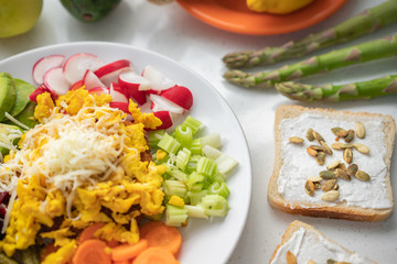 Healthy multivitamin breakfast with vegetables and fruits