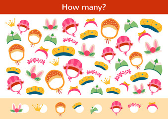 Counting children game of cartoon kids hats.