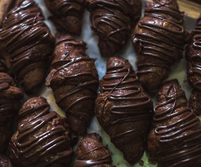 various freshly baked pastries isolated on white background, top view