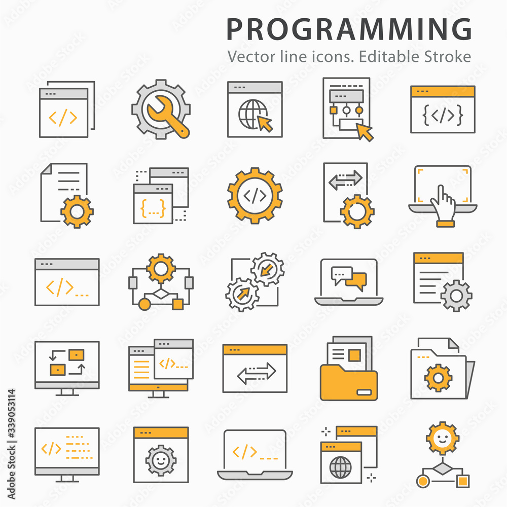Poster programming flat line icon set. vector illustration. editable stroke.