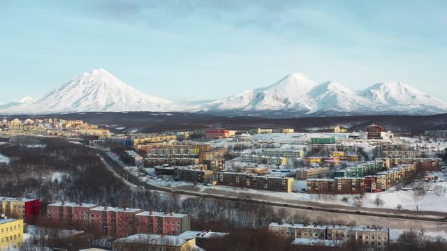 Kamchatka's home volcanoes tower over the city of Petropavlovsk-Kamchatsky. Taken in winter from a quadrocopter