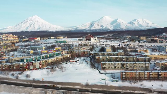 Kamchatka's home volcanoes tower over the city of Petropavlovsk-Kamchatsky. Taken in winter from a quadrocopter