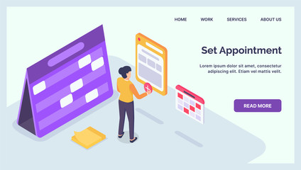 set an appointment for business professional with calendar and date time for website landing homepage with isometric style