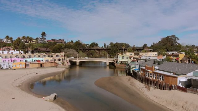Aerial View Santa Cruz California Beach Town Capitola Bridge River Lake Ocean Sunny Day Blue Sky.