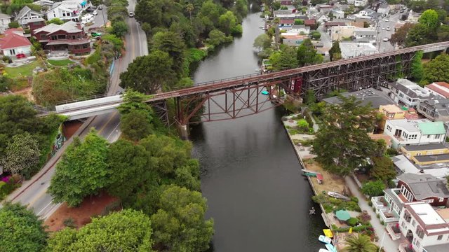 Aerial View Santa Cruz California Capitola Beach Town Bridge River With Colorful Homes 4K