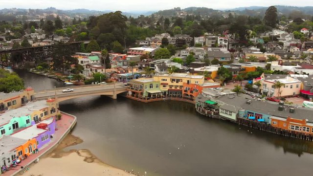Aerial View Santa Cruz Capitola California Beach Town River Bridge Cars Driving Seagulls Flying 4K