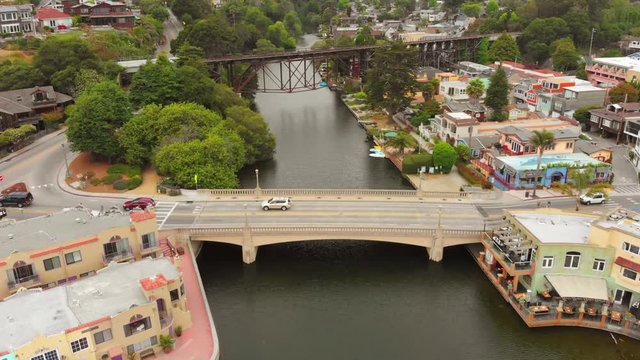 Aerial View Santa Cruz Cars Driving California Capitola Beach Town Overpass Bridge River 4K