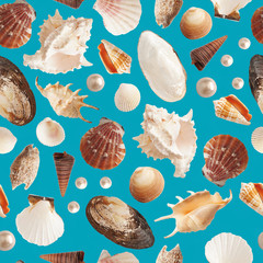 Simple minimalism seamless pattern with photo isolated shells, collage style.