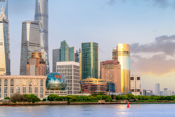 Shanghai, China city skyline on the Huangpu River.