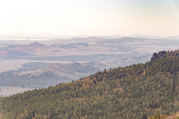 Fototapeta premium South Ural mountains in the vicinity of Bannoe lake. Metallurgist-magnitogorsk ski resort, republic Bashkortostan, Russia