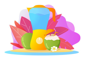 Blender coconut milk.Alcoholic cocktail in a nut with umbrella.Vector realistic illustration.