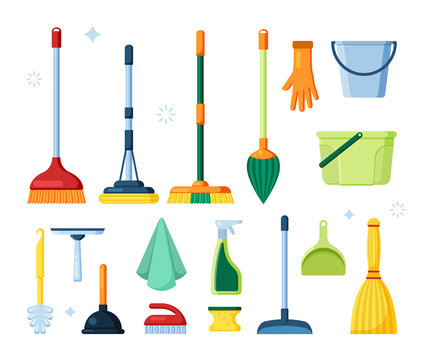 broom pictures. hygiene cleaning service items domestic tools brushes plastic buckets towels sweeping vector supplies