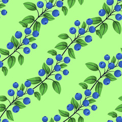 Vector seamless pattern with diagonal blueberry twigs; natural design for fabric, wallpaper, textile, package, wrapping paper, web design. - 339059136