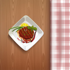 Flat salmon steak and lemon. Red fish on a wooden table with a checkered tablecloth. Fresh organic seafood. Vector illustration