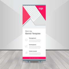 Creative Banner roll-up design, business concept. Graphic template roll-up for exhibitions, banner for seminar, layout for placement of photos. Universal stand for conference.