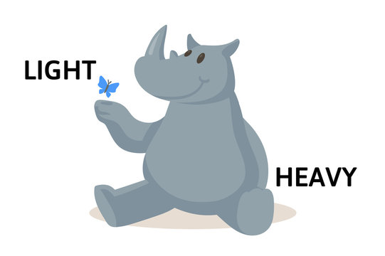 Words light and heavy textcard with cartoon rhinoceros and butterfly animal characters. Opposite adjectives explanation card. Flat vector illustration, isolated on white background.