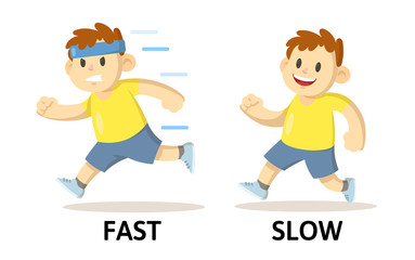 Words fast and slow opposites flashcard with running cartoon boy characters. Opposite adjectives explanation card. Flat vector illustration, isolated on white background.