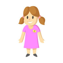 Smiling girl wearing pink dress, full figure cartoon character design. Colorful flat vector illustration, isolated on white background.