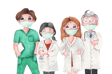 Medical team and staff, Doctor wearing medical mask. Isolated on white background. Watercolor illustration cartoon character.
