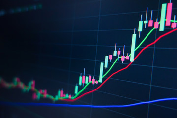 Stock market trading graph and candlestick chart on screen monitor background. Financial investment and economic concept.