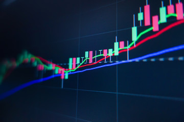 Stock market trading graph and candlestick chart on screen monitor background. Financial investment and economic concept.