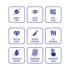 Smartphone screen protection icon set, tempered glass, screen. 