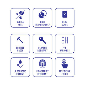 Smartphone screen protection icon set, tempered glass, screen. 