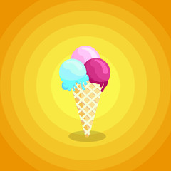 Pastel ice-cream on orange background. Tasty colorful ice cream for summer decorative, sweets, dessert, web design or print. Vector Illustration.