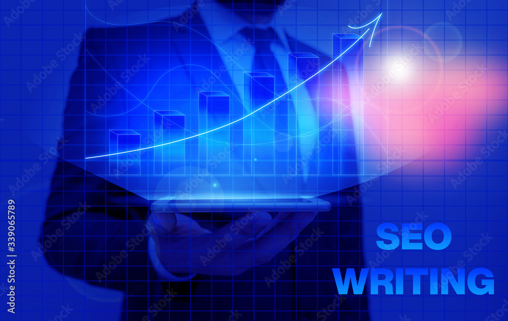 Poster writing note showing seo writing. business concept for grabbing the attention of the search engines 