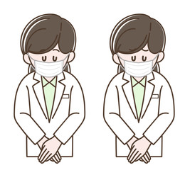 マスクをしてお辞儀をする白衣の女性_セット