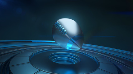 Blue and silver rugby ball in 3D projection flying above platform for demonstration