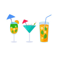 Set of Tropical cocktails. Alcoholic summer drinks in glasses on the beach, mojito, vodka, sambuca, martini, juices, bloody mary. Holiday concept for party invitation, bar menu. Vector illustration