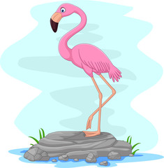 Cartoon flamingo standing on the rock