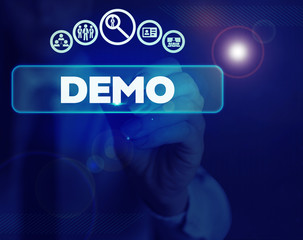 Word writing text Demo. Business photo showcasing Demonstration of a product techniques and...