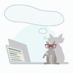 Coronovirus illustration for Landing Page or Presentation about Working at home. Freelancer stay home. A cat working on a lap top in glasses