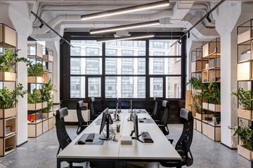 modern loft office interior with furniture