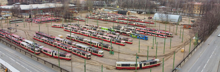 tramway depot with lot of trams