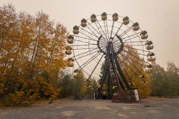 Wide shot of big ferris wheel in abandoned amusement park in Pripyat, Chernobyl Exclusion Zone in...