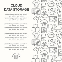Cloud data storage seamless pattern with line style icons and place for text. Database background, information, global network, server center, backup and security vector illustration. Cloud computing.