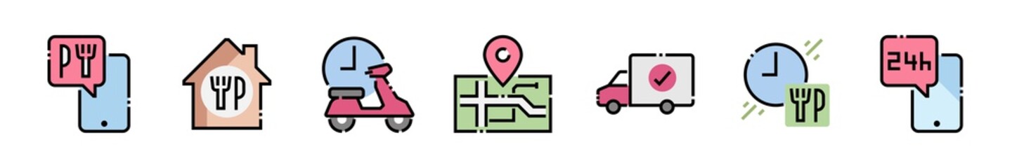 Set of Food Delivery Vector Line Icons. Contains such Icons as Courier on the bike, Contactless Delivery and more. Editable Stroke. 64x64 Pixel Perfect.