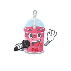 Talented singer of strawberry bubble tea cartoon character holding a microphone