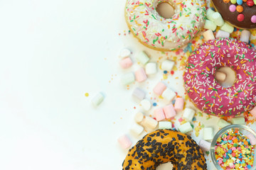 A lot of colorful candy. Tasty appetizing Party Accessories Happy Birthday Sweet Treat Swirl Candy Lollypop on Bright Background Flat Lay isolated on white background