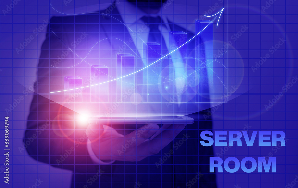 Poster writing note showing server room. business concept for a room used to store power and operate comput